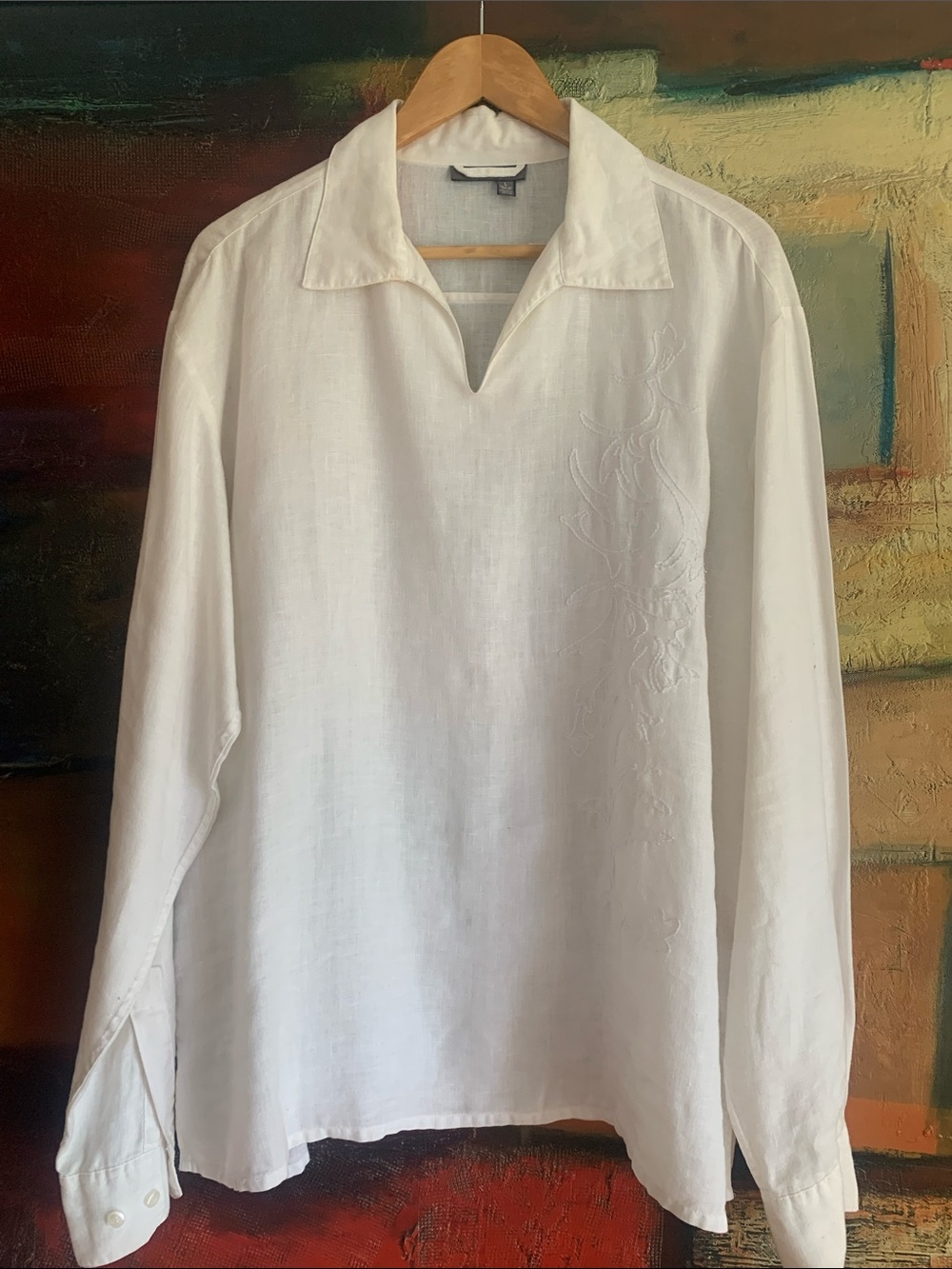 Vintage 100% Linen Embroidered Tunic Blouse, Sz L